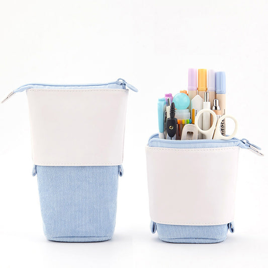 Retractable Corduroy Pencil Case – Multi-Use Pop-Up Pen & Makeup Holder (Canvas & PU)
