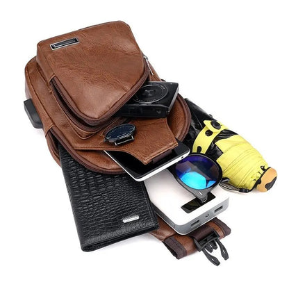 Men’s USB Charging Chest Bag – PU Leather Sling Crossbody for Casual & Business Use