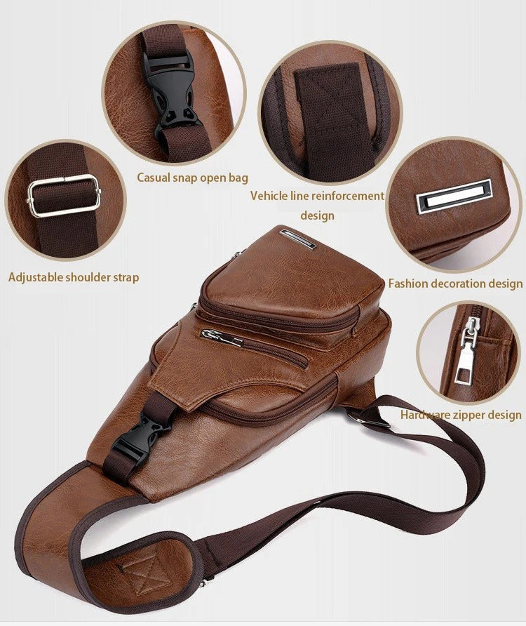 Men’s USB Charging Chest Bag – PU Leather Sling Crossbody for Casual & Business Use