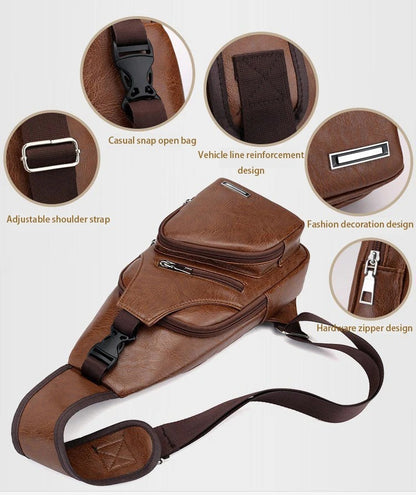 Men’s USB Charging Chest Bag – PU Leather Sling Crossbody for Casual & Business Use