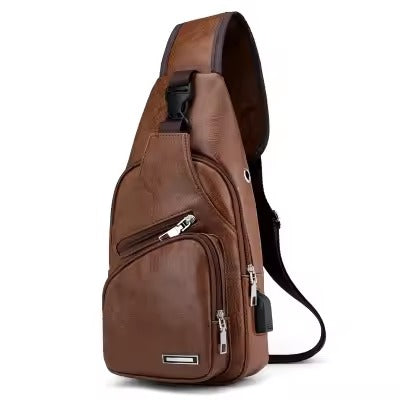 Men’s USB Charging Chest Bag – PU Leather Sling Crossbody for Casual & Business Use