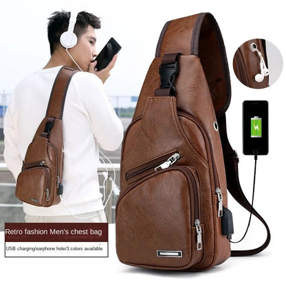 Men’s USB Charging Chest Bag – PU Leather Sling Crossbody for Casual & Business Use
