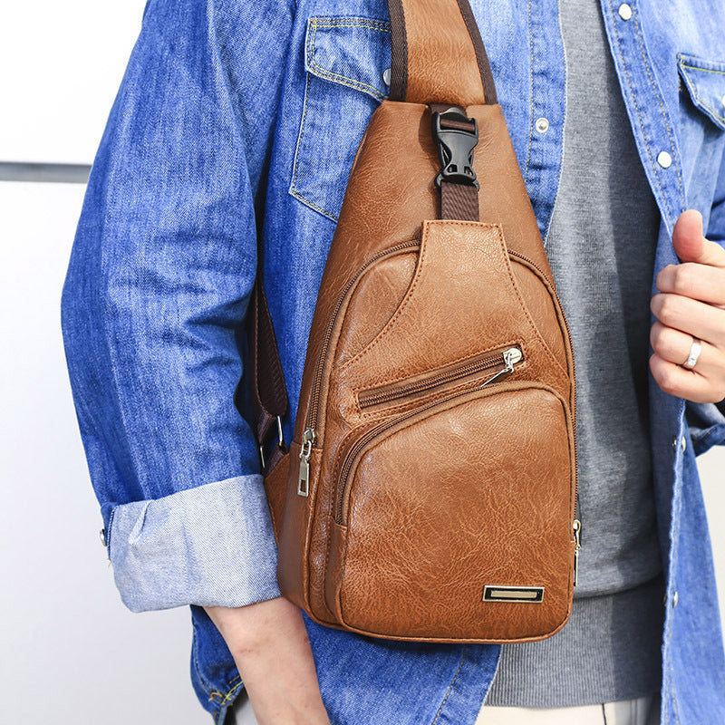 Men’s USB Charging Chest Bag – PU Leather Sling Crossbody for Casual & Business Use